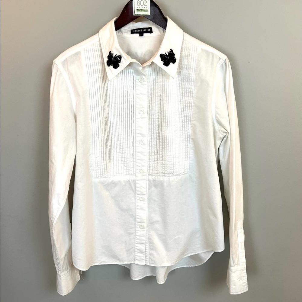 Markus Lupfer Large Penny Pintuck Cotton Butterfly Shirt White Black